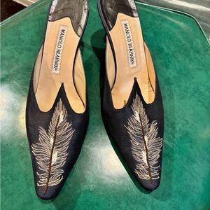 Manolo Blahnik Navy Feathered  Embroidered Women's Shoes